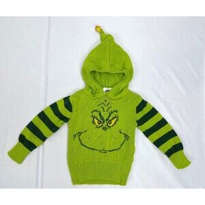 Baby 12 Months Knit Green Grinch Face Sweater Hood‎ Christmas